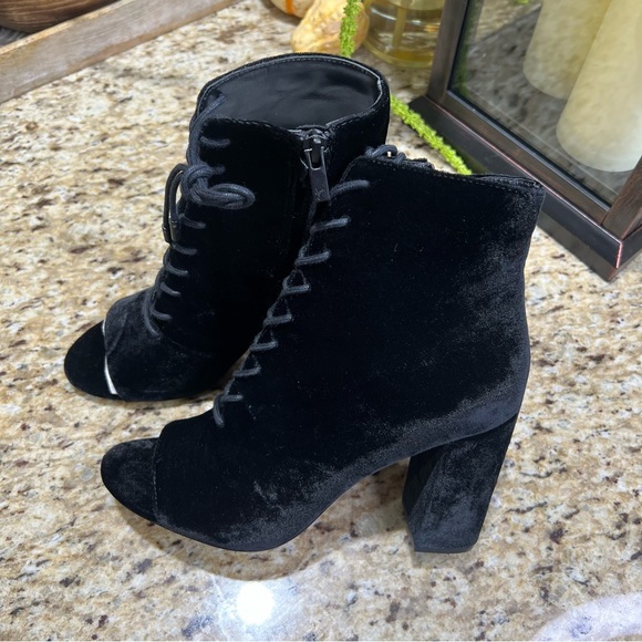 Joie Black Velvet Lakia Lace Up Block Heel Peep Toe Booties...